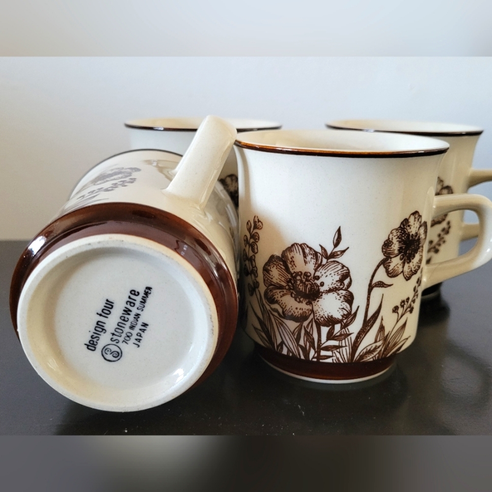 Vintage Stoneware Floral Mugs - Cream and Brown - Set of 4